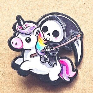Cute Grim Reaper Riding Unicorn Enamel Pin Kawaii Goth Rainbow Fantasy Accessory